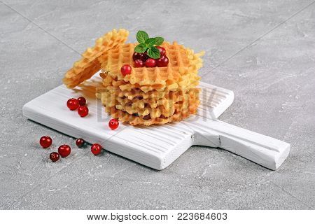 Homemade Dessert. Sweet Waffles With Fresh Cranberry, Jam And Mint On Parchment Paper