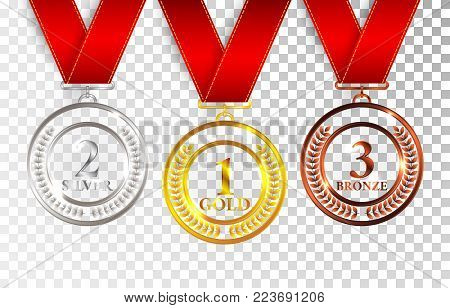 Set of gold, silver and bronze award medals with red ribbons. Medal round empty polished vector collection isolated on transparent background. Premium badges. Winner awards. Gold silver bronze award medals.