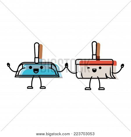 kawaii cartoon hand broom and hand dustpan holding hands in colorful watercolor silhouette vector illustration