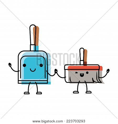 kawaii cartoon hand dustpan top view and hand broom holding hands in colorful watercolor silhouette vector illustration