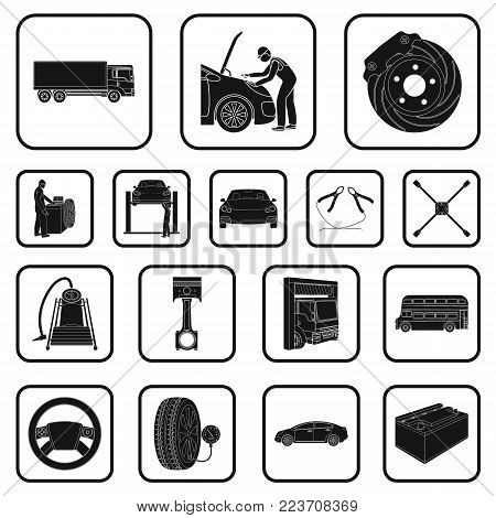 Car, lift, pump and other equipment black icons in set collection for design. Car maintenance station vector symbol stock illustration .