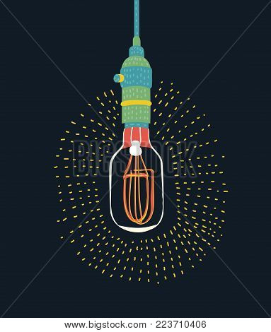 Vector color cartoon illustration Edison light bulb on dark upside down, vector design element