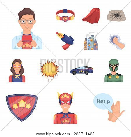 A fantastic superhero cartoon icons in set collection for design. Superhero's equipment vector symbol stock  illustration.