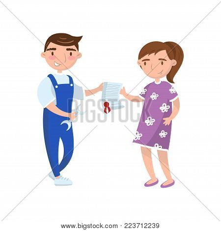 Young woman giving documet to auto mechanic worker, car insurance concept, auto diagnostics service cartoon vector Illustration on a white background
