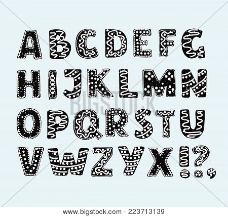 Vector cartoon set of Hand drawn ABC. Vintage decorative vector ABC letters decorated by ornament. Black and White stylish font for your design.