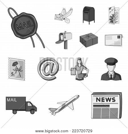 Mail and postman monochrome icons in set collection for design. Mail and equipment vector symbol stock  illustration.