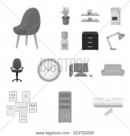 Interior of the workplace monochrome icons in set collection for design. Office furniture vector symbol stock  illustration.