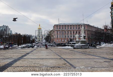 Kiev, Mikhailovskaya Square. Monument to Princess Olga. Belltower of St. Sophia Cathedral. Winter