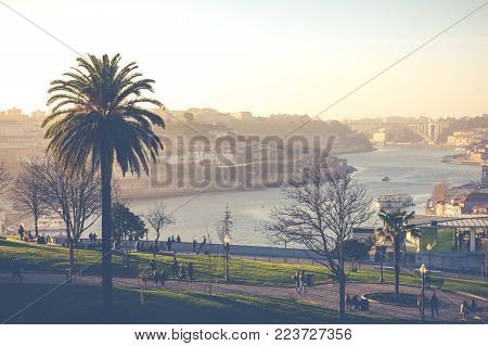 PORTO, PORTUGAL - JANUARY 18,2018: Panorama View on Porto, Duoro River, Ribeira District and Dom Luis Bridge