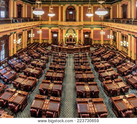 Lansing, Michigan, USA - January 20, 22018: Balcony view of the Michigan House of Representatives chamber in the state capitol building of Lansing, Michigan.
