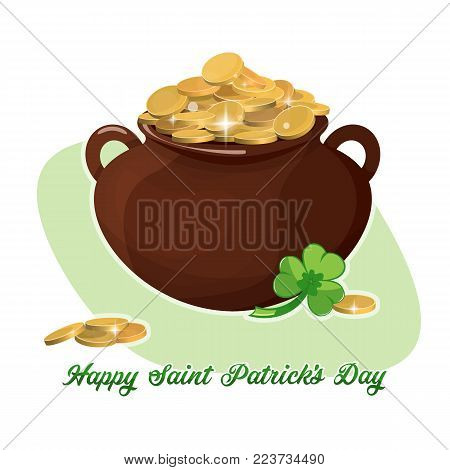 The clay pot of gold for St. Patrick s Day. Stock vector.
