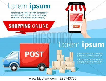 Shopping Online And Blue Postal Car With Parcels Box Vector Illustration On White And Blue Backgroun