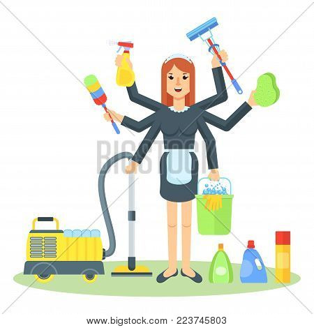 Cleaning service. Multitask maid with tools for cleanliness. Flat vector cartoon illustration. Objects isolated on white background.