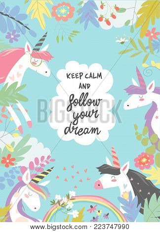 Cute magic frame composed of unicorns and flowers. Vector illustration