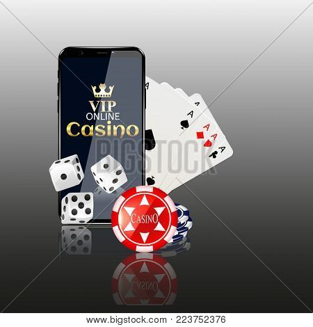 Online mobile casino background. Poker app online concept. Smart phone with chips, cards.
