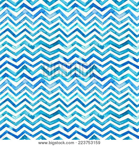 Zig zag blue watercolor seamless pattern. Geometric background. Ornament for wrapping paper. Hand drawn watercolor decor.