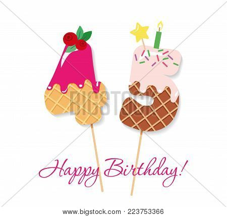 Happy Birthday card. Festive sweet numbers 45. Coctail straws. Funny decorative characters. Vector illustration