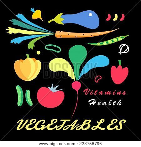 Vector Bright Set Of Vegetables On A Dark Background