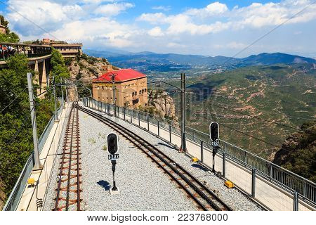 Monserrat, Spain- May 15, 2012: Viewpoint above Montserrat monorail railway station in a beautiful summer sunny day