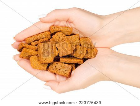 Bread crumbs in spices in hand on a white background isolation, top view