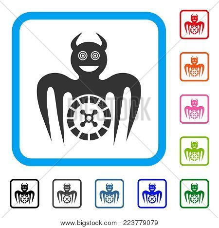 Roulette Mad Spectre Devil icon. Flat gray iconic symbol inside a blue rounded squared frame. Black, gray, green, blue, red, pink color versions of roulette mad spectre devil vector.
