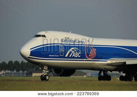 Amsterdam, the Netherlands  -  June 2nd, 2017: VQ-BLR AirBridgeCargo Boeing 747 taking off from Polderbaan Runway Amsterdam Airport Schiphol