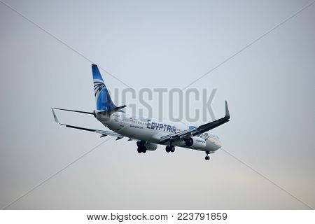 Amsterdam the Netherlands - January 14th 2018: SU-GEF EgyptAir Boeing 737-800 approaching Schiphol Amsterdam Airport Polderbaan runway