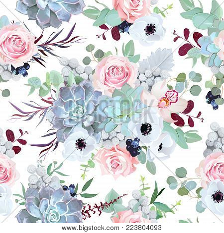 Seamless vector design pattern arranged from pink rose, white anemone, echeveria succulent, orchid flowers, brunia, eucalyptus greenery, black berry. Beautiful floral print. All elements are isolated