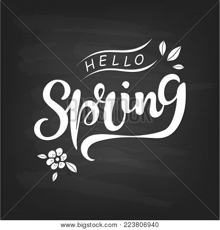 Welcome Spring text as logotype, badge and icon. Hand drawn Spring lettering for Warm season Postcard, card, invitation, flyer, banner template. Vector illustration isolated on textured background