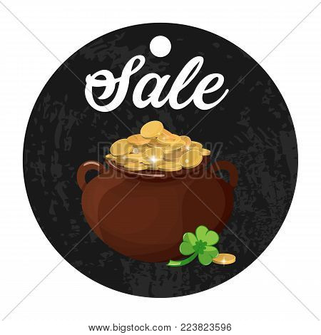The clay pot of gold for St. Patrick s Day sale. Stock vector.