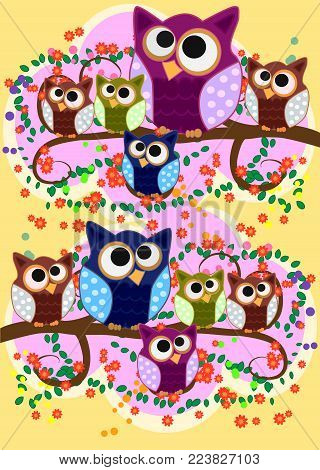 Happy family of owls on flowering tree branches. Daddies, mothers and children, grandparents. Spring, summer, honeymoon season