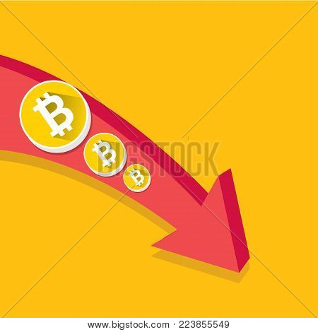 vector bitcoin market crash graph on orange background. Bitcoin hype concept vector illusrtation with blank space fo text. depreciation of bitcoin. Bitcoins Price Drops