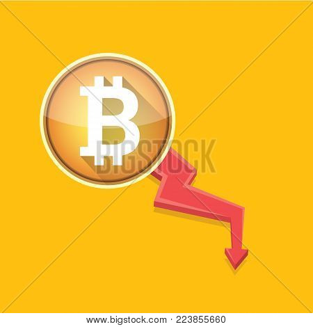 vector bitcoin market crash graph on orange background. Bitcoin hype concept vector illusrtation with blank space fo text. depreciation of bitcoin. Bitcoins Price Drops
