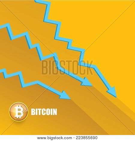 vector bitcoin market crash graph on orange background. Bitcoin hype concept vector illusrtation with blank space fo text. depreciation of bitcoin. Bitcoins Price Drops
