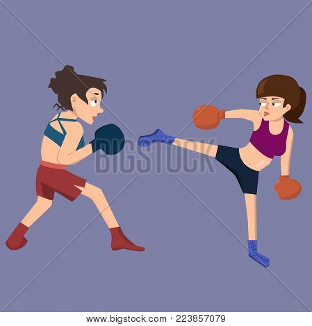 female kickboxing sparring  - funny vector cartoon illustration in flat style