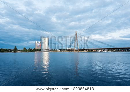 RIGA, LATVIA - August 28, 2017: The Vansu Bridge in Riga is a cable-stayed bridge that crosses the Daugava river in Riga