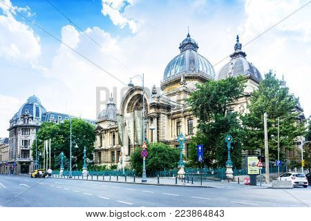 BUCHAREST, ROMANIA - August 28, 2017: CEC Bank in Old Town Bucharest, Romanian