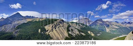 Panoramic view of Columbia Icefield in Jasper National Park, Rocky Mountains, Alberta, Canada.