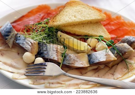 Raw fish plate, tuna, salmon and Herring with onion rings and lemon on a table top view