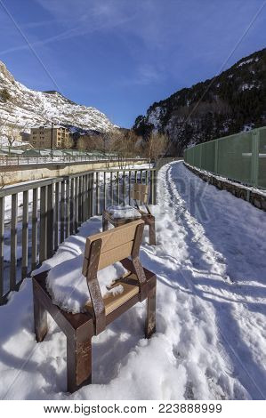 Valira riverside hiking trail througt Canillo village. Principality of Andorra.