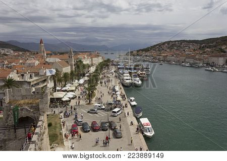 Trogir, Croatia - August 12 2017: View From The Top Of Trogir Old Town In A Rainy Day