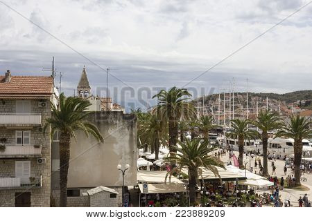 Trogir, Croatia - August 12 2017: City Center Of The Historic Town Of Trogir In Croazia, With Its Pr