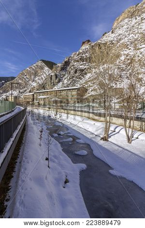 Valira riverside hiking trail througt Canillo village. Principality of Andorra.