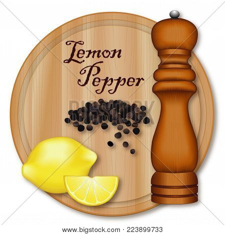 Lemon Pepper, popular seasoning made from lemon zest and cracked peppercorns. Lemon and wedge, black peppercorns, dark wood pepper mill, wood cutting board with wood grain detail, isolated on white background.