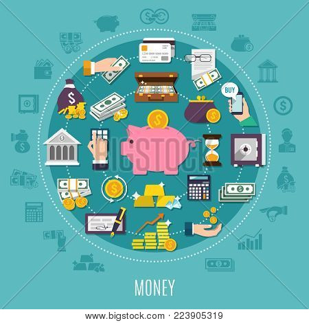 Money flat round composition with isolated bank elements or icon set combined in big circle vector illustration