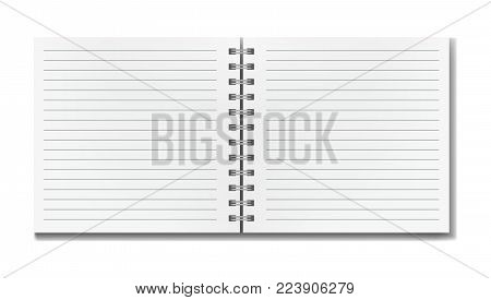 Blank realistic vector open lined square notebook with shadow template. Notepad with blank opened ruled page on metallic spiral, textbook or organizer mockup for your text