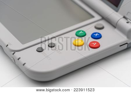 Bangkok, Thailand - Jan 18, 2018: Nintendo 3DS LL Super Famicom Edition. Portable game by Nintendo. Illustrative, editorial.