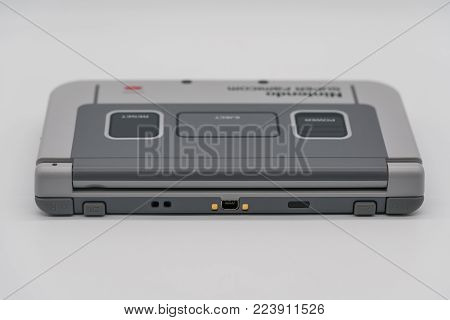 Bangkok, Thailand - Jan 18, 2018: Nintendo 3DS LL Super Famicom Edition. Portable game by Nintendo. Illustrative, editorial.