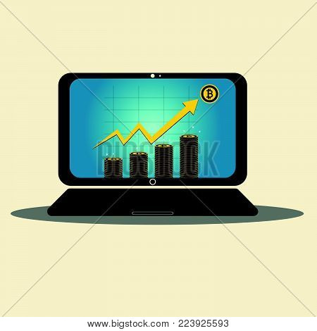 Business Laptop Concept Symbol On-screen. Bitcoin Gold Icon For Rowth Chart On Medal Bitcoin Backgro
