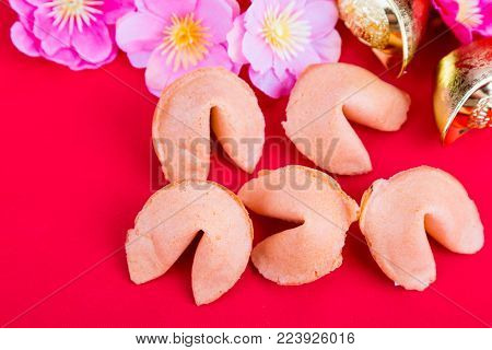 Fortune Cookies, Decorative Gold Nuggets, Plum Blossom Flowres Red Background